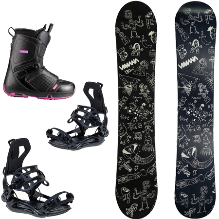 DZIECIĘCY ZESTAW: snowboard VIMANA The Vufo Mini PRO ROCKER 120/130cm + wiązania RAGE / SP FT360 | FASTEC r. S + buty SALOMON Purple